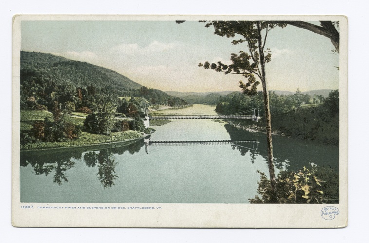 A suspension bridge in Brattleboro spans the Connecticut River, shown here in this turn-of-the-20th-century postcard. New Hampshire owns the river to the Vermont shoreline.
