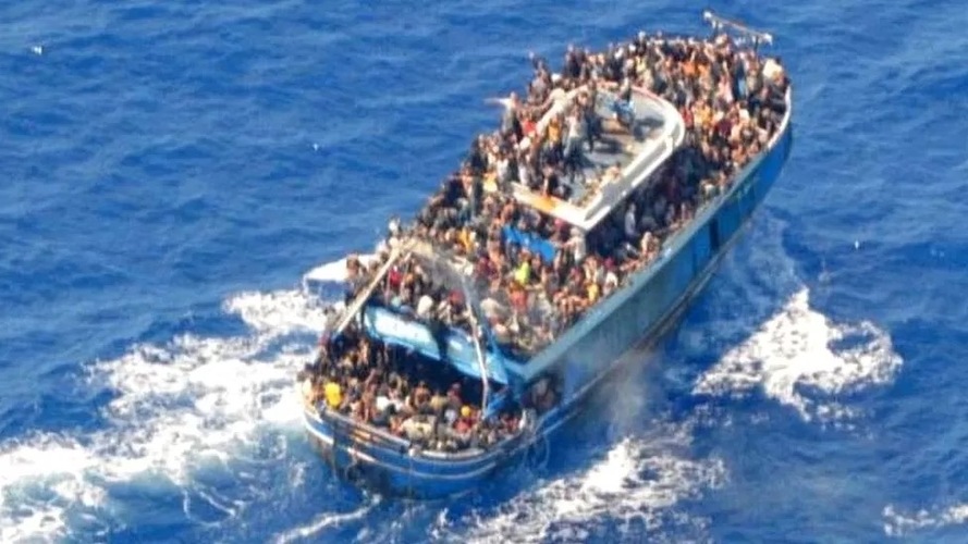 An image of the fishing boat involved in the 2023 Peloponnese migrant boat disaster, taken by the Greek coastguard hours before the capsizing.