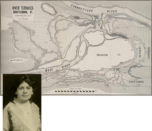 Elizabeth Florette Fisher’s survey map of the West River’s confluence with the Connecticut River in Brattleboro in 1905. The map illustrated her paper, &#8220;Terraces of the West River, Brattleboro, Vermont,&#8221; published the following year in <i>Proceedings of the Boston Society of Natural History</i>.