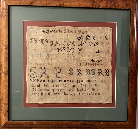 A sampler embroidered by a Hinesburg schoolgirl, circa 1820.