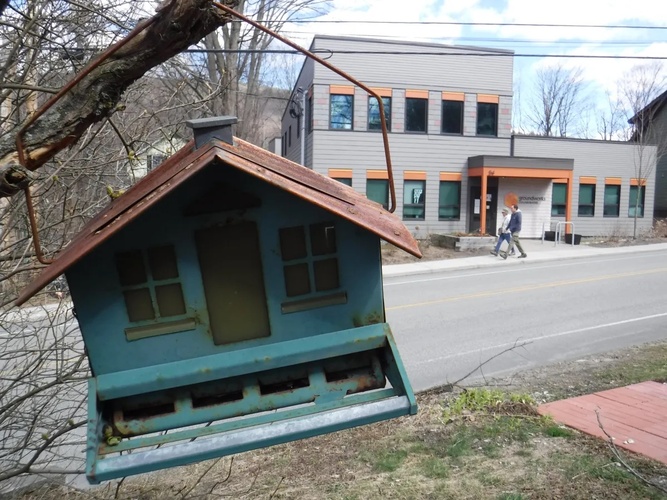 A birdhouse sits across the street from the nonprofit Groundworks Collaborative’s drop-in center and overnight shelter on South Main Street in Brattleboro.