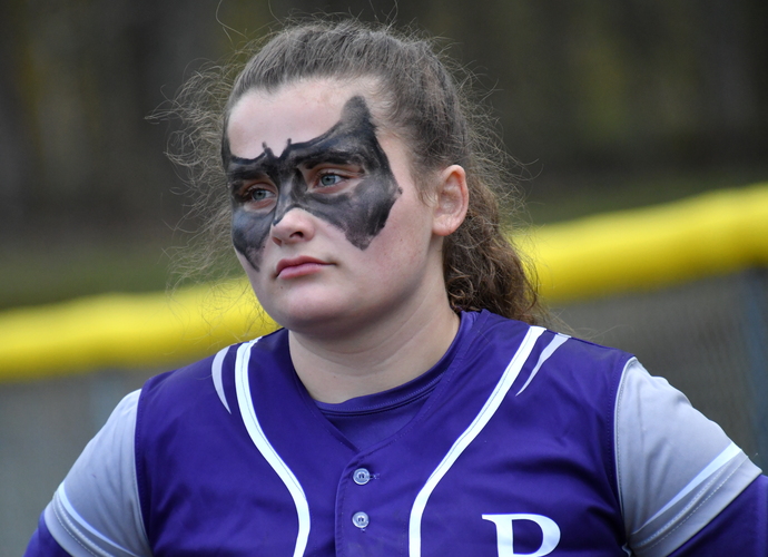 In her interpretation of the phrase &#8220;game face,&#8221; Bellows Falls pitcher Izzy Stoodley paid tribute to Batman for the Terriers’ April 27 softball game against Springfield. 