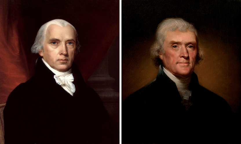 Presidential portraits of James Madison (by John Vanderlyn) and Thomas Jefferson (by Rembrandt Peale).