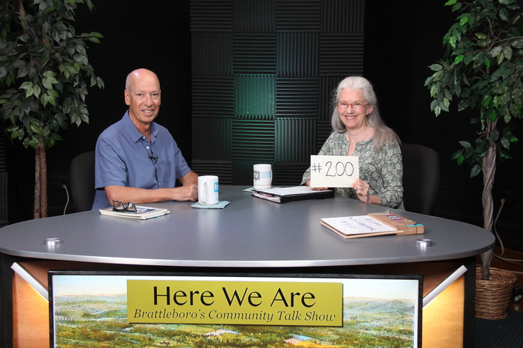 Wendy O’Connell, host and producer of “Here We Are: Brattleboro’s Community Talk Show,” recorded her 200th episode in the BCTV Studio, interviewing poet and songwriter Wyn Cooper in August 2023. 