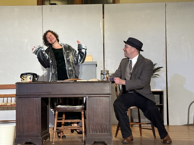 Tracy Berchi, left, as Mrs. Chumley and Joel Kaemmerlen as Elwood P. Dowd in a scene from the Rock River Player’s upcoming production of “Harvey.”