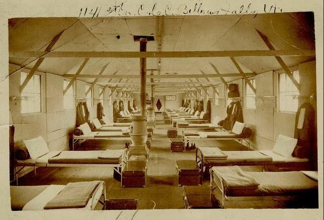 The interior of one of the barracks at Camp Wilgus in North Westminister.