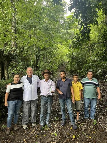 Ian Diamondstone (second from left) stands with local villagers in Honduras.  His ram&oacute;n seed project will include two countries, between 100 and 200 villages and hundreds of people.
