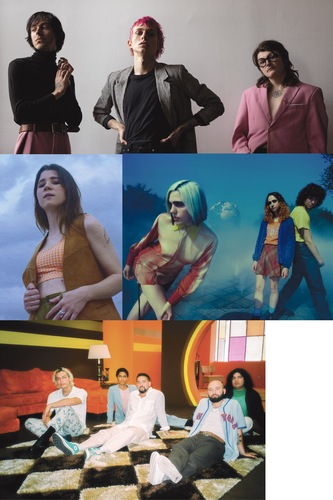 Performing at the inaugural Field Day in Guilford will be Thus Love (top), Lady Lamb (above left), Sunflower Bean (above right), and Inner Wave (left).