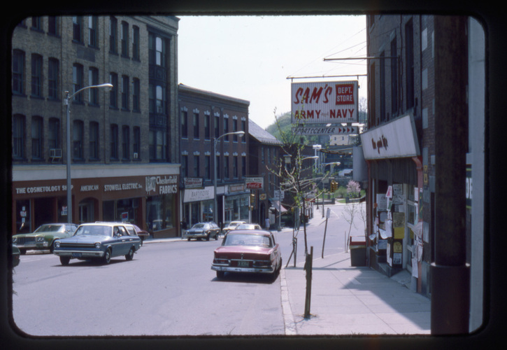 Sam’s Army and Navy sign was front and center on Main Street in Brattleboro in 1975.