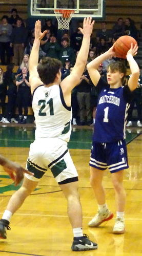 Brattleboro guard Cam Frost looks for an open teammate in their Division I quarterfinal game against St. Johnsbury on March 2. Frost would score the winning basket in the final minute of the Colonels’ 50-48 victory.
