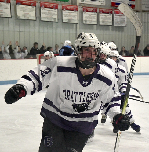 Brattleboro’s Andy Cay celebrates after scoring in the second period of their playoff game against Mount Mansfield on Feb. 28 at Withington Rink. Mount Mansfield went on to win the game, 5-2.