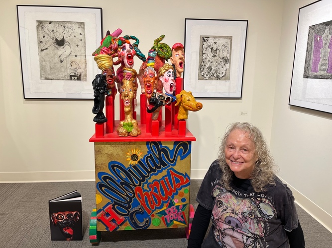 Sculptor, painter and printmaker Fran Bull with some of her art from her exhibit “The Art Life,” on display at Mitchell-Giddings Fine Arts through Oct. 15.