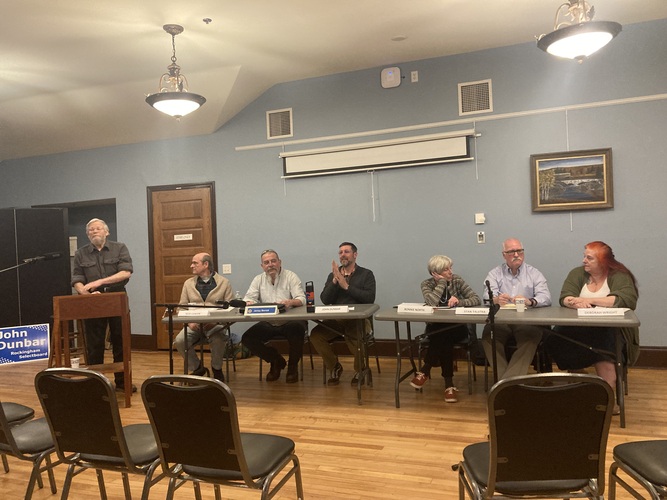 Candidates for the Rockingham Selectboard met at the Rockingham Free Public Library for a March 13 forum. From left, moderator Steven Crofter, three-year candidate Rick Cowan, and one-year candidates Jamey Berrick, John Dunbar, Bonnie North, Stan Talstra, and Deborah Wright.
