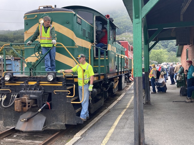 An excursion train operated by the Green Mountain Railroad pulls into the Bellows Falls station on Sept. 23 for a railfan trip organized by the Massachusetts Bay Railroad Enthusiasts.