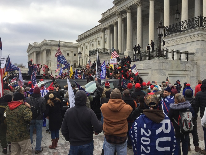 Crowd of Trump supporters marching on the US Capitol on Jan. 6, 2021, ultimately leading to the building being breached and several deaths.