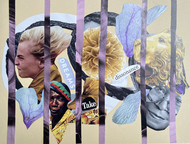 “Purple Strips Striping,” a merge collage created by artists Matthew J. Peake, Gordon Korstange, and Gretchen Abendschein. 