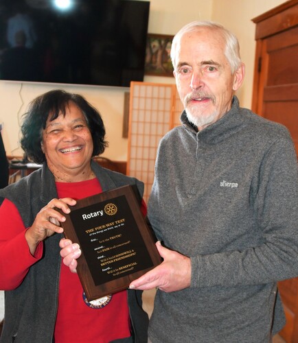 Cheri Ann Brodhurst, left, of the Brattleboro Rotary Club, bestowed the “Norm Kuebler Four-Way Test Award” upon Robert “Woody” Woodworth at the club’s weekly meeting on Jan. 18.