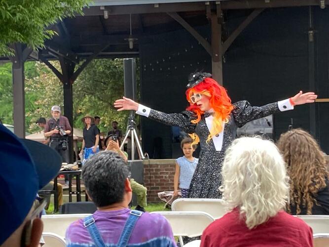 Miss Ginger Soulless (a.k.a. Paulee Mekdeki) from the Keene Pride Drag Show performs at the Bellows Falls Festival in Bellows Falls on June 11.