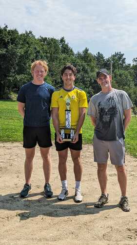 Liam Evans, left, Evan Koch, center, and Brian Lashway were the top three male finishers in the 13th annual Southern Vermont Decathlon on Aug. 20.
