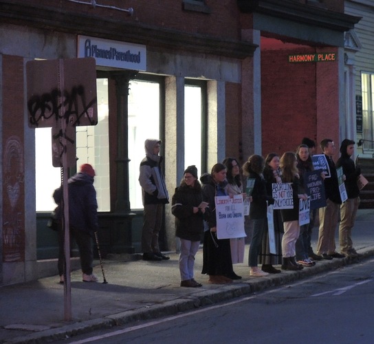 Anti-abortion activists hold a prayer vigil in front of the Planned Parenthood clinic on High Street in Brattleboro in 2021.