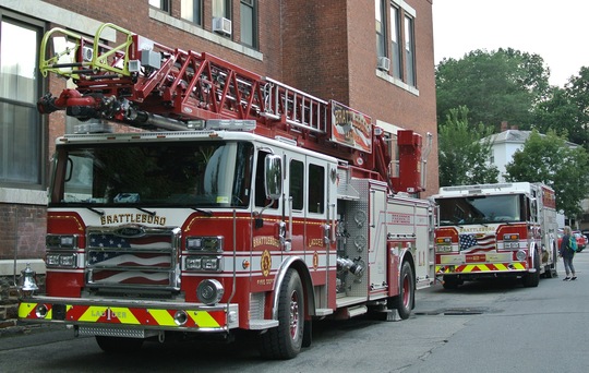 Brattleboro fire trucks parked next to the Municipal Center, as the Selectboard met on Sept. 19.