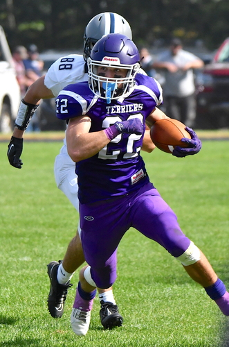 Bellows Falls running back Walker James (22) returned a kickoff for a 75-yard touchdown and intercepted a pass on defense to set up another touchdown in the Terriers’ 27-20 loss to Fair Haven on Sept. 30 at Hadley Field.