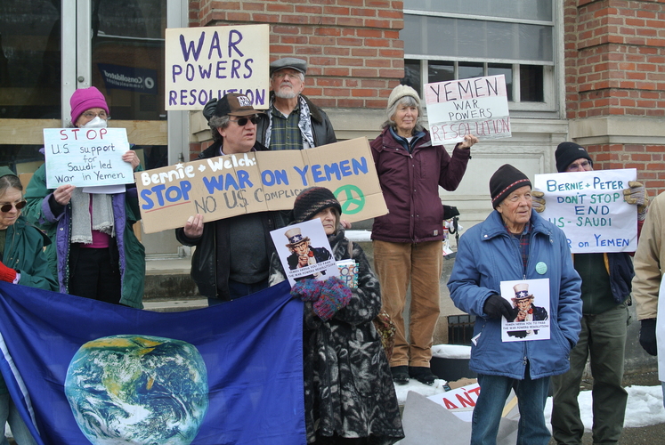 About 20 local activists held a vigil on March 1 at the Brattleboro Post Office to demand an end to U.S. support of the Saudi-led war on Yemen.
