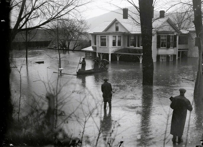 Boston Herald-Traveler news photographer Leslie Jones captured this glass negative of flooding in Bellows Falls in November 1927.