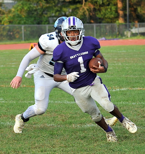 Brattleboro running back Noah Perusse (1) ran for nearly 150 yards and a pair of touchdowns in the Bears’ 21-7 victory over Rutland on Oct. 13.