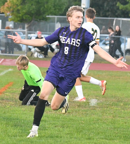 Brattleboro forward Ozzie VanHendrick (8) celebrates after scoring the first of his three goals in a 5-1 victory over Green Mountain in boys’ soccer action on Sept. 20 at Natowich Field.