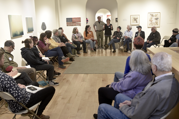 Approximately 30 artists and representatives of art organizations gathered on April 29 at Mitchell-Giddings Fine Arts in Brattleboro to share ideas about the local art scene.