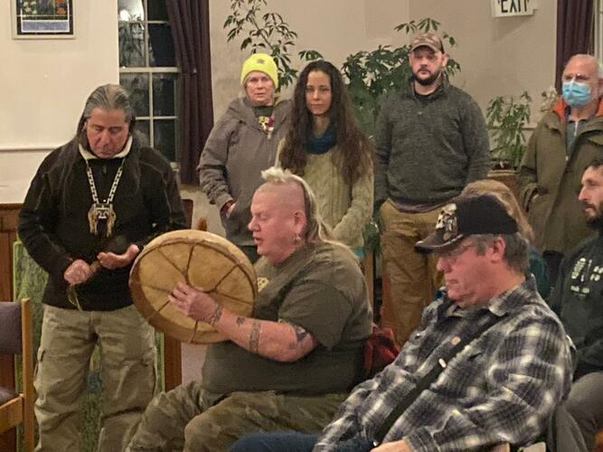 An Abenaki song closed the Jan. 21 meeting in Westminster West, with, in front, Elnu Tribe members Jim Taylor, left, Roger Longtoe Sheehan with drum, and Nulhegan Band Chief Don Stevens.