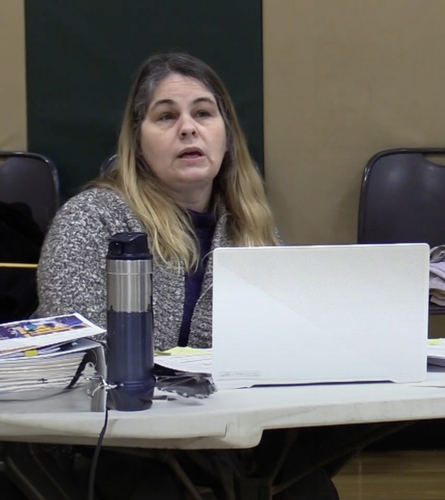 Windham Southeast School District Board Chair Kelly Young, having just read a statement from the board announcing that the board would likely not ever comment about the sexual abuse investigation, responds to a survivor who was participating remotely in the Jan. 23 meeting.