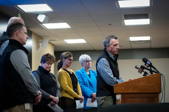 Gov. Phil Scott speaks about statewide flooding during a press conference in Berlin on Tuesday, Dec. 19.