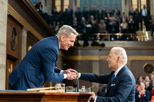 House Speaker Kevin McCarthy welcomes President Joe Biden to this year’s State of the Union address.