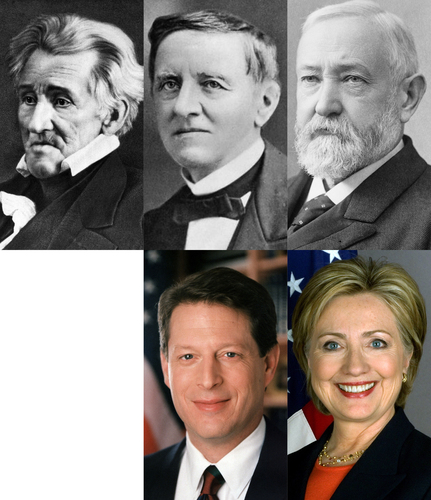 Popular vote victors but Electoral College losers: Andrew Jackson (1824), Samuel J. Tilden (1876), Benjamin Harrison (1888), Al Gore (2000), and Hillary Clinton (2016).
