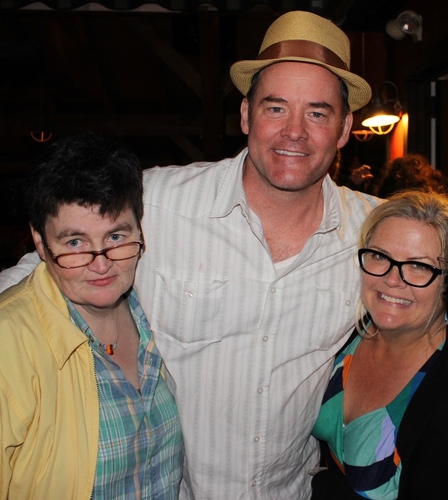 David Koechner is flanked by Jane Baker, left, and Paula Pell, right, during the 2015 filming of “The Parker Tribe,” Baker’s autobiographical film.