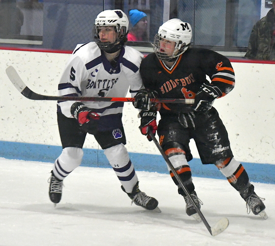 Brattleboro center Lily Carignan (5), seen here skating against Middlebury last month, scored her team’s only goal in a 6-1 loss to Rutland on Jan. 31 at Withington Rink.