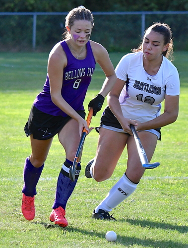 Bellows Falls forward Ava LaRoss (8), seen here being shadowed by Brattleboro defender Ellen Young during a game last month, scored three goals in a 6-0 win over Otter Valley on Oct. 3.